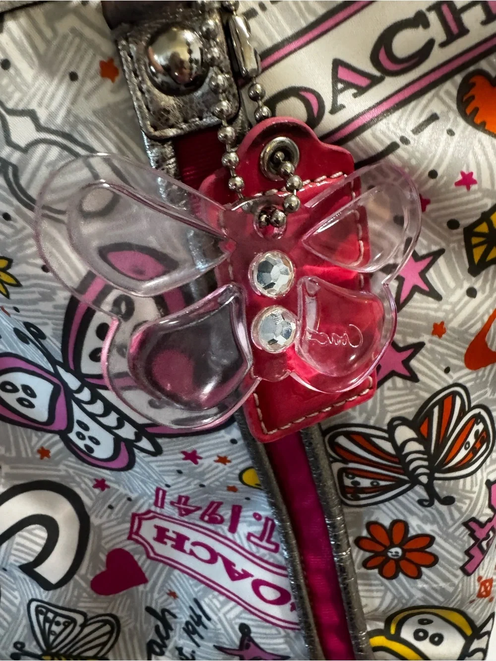 Coach Poppy Metallic Silver Tote with Pink Accent and Butterfly Print